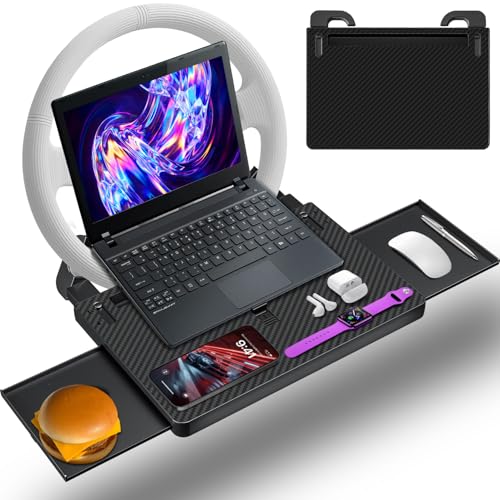 Steering Wheel Tray, Car Food Tray, Car Desk for Laptop, Carbon Fiber Look Multipurpose Car Table for Eating & Work, Adjustable Car Tray with Drawer and Anti-Slip Protective Adhesive - color: Carbon Fiber Texture Black