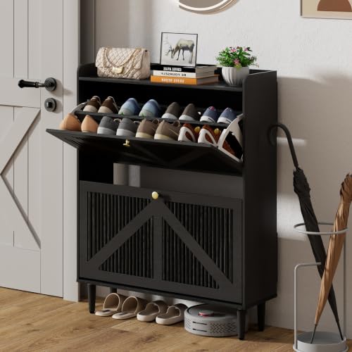 Narrow Shoe Storage Cabinet with 2 Flip Drawers for Entryway (Black) | Adjustable & Removable Shelves, Slim Shoe Organizer Cabinet, for Hallway, Foyer, Entrance, Freestanding, Hidden, Thin, Fluted - color: Black