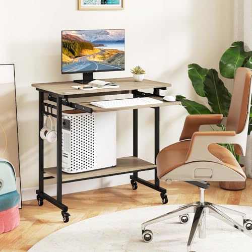 GIANTEX Rolling Computer Desk, Mobile Desk with Keyboard Tray & Wheels, Portable Laptop PC Table Cart with Shelf & Hooks, Small Desk for Small Spaces, Bedroom, Apartment (Grey Oak) - color: Grey Oak