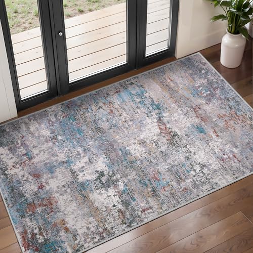 Tangsoo Abstract 2x4 Washable Rug for Entryway, Small Modern Non Slip Rugs | Indoor Front Door 2x4 Runner Rugs,Print Door Mat, Soft Low Pile Rugs for Entrance Kitchen Entry Bathroom Blue Grey Home Decor - color: Blue/Grey, size: 2' X 4' (Runner)