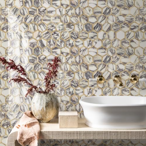 STICKGOO Hexagon Peel and Stick Backsplash Tile, Stick on Backsplash for Kitchen and Bathroom, Glossy Calacatta Viola Marble PVC Mixed Metal Gold Self Adhesive Wall Tiles(10 Sheets, Seamless) - color: Calacatta Viola Marble with Metal Gold