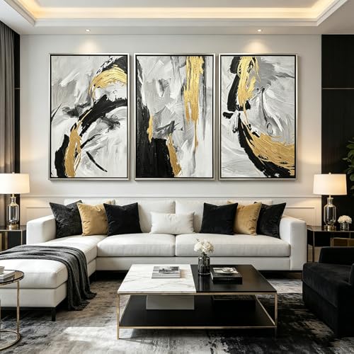 Gold and Black Abstract Wall Art Large Textured Framed Artwork for Walls | Modern Canvas Prints Paintings for Living Room Hallway, Dining Room, Office Wall Decor 24x36 Inch - color: Black White Gold