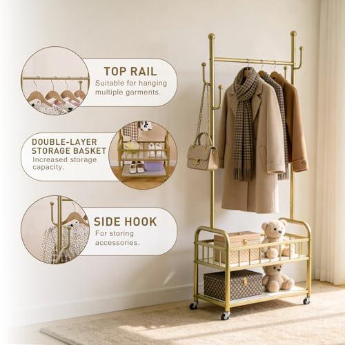 Free Standing Rolling Clothes Rack with Wheel Shoe Storage - Golden | Small Narrow Cloth Hanger Garment Rack for Bedroom Livingroom Lab Dress Shirt Rack with Metal Basket and Shoe Storage Shelves - color: Gold-2 Tier