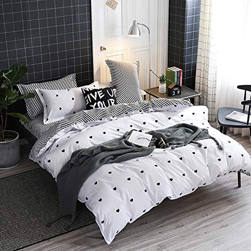 Omelas Kids Heart Love Twin Duvet Cover Set Black and White Teens Girls Lovely Heart-Shaped Pattern Striped Reversible Bedding Soft Breathable Quality Brushed Microfiber (3 Pcs,XD,T) - color: X-white, size: Twin(No Comforter)