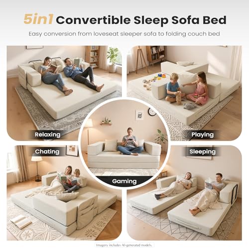 5-in-1 Futon Sofa Bed Queen Floor Convertible Couch Foldable Lounge White | Multi-Position Convertible Lounge Couch for Guest Room & Apartment, Removable Washable Cover, Space Saving - color: Beige