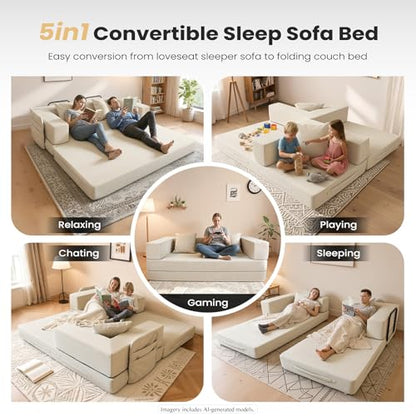5-in-1 Futon Sofa Bed Queen Floor Convertible Couch Foldable Lounge White | Multi-Position Convertible Lounge Couch for Guest Room & Apartment, Removable Washable Cover, Space Saving - color: Beige