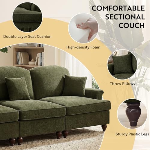 Modular Sectional Sofa Couch, Comfy Chenille Sofa with Removable Ruffled Skirt, Flared Armrests, Sturdy Legs, Convertible 3-Seat for Living Room, Bedroom, Apartment (Green) - color: Green, size: 107.1 Inch