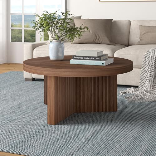Henn&Hart 32" Scandinavian Fluted Coffee Table, Medium Walnut | Ribbed pedestal base and low profile bring Scandinavian style to small spaces including living rooms or family rooms - color: Medium Walnut, size: 32 inches