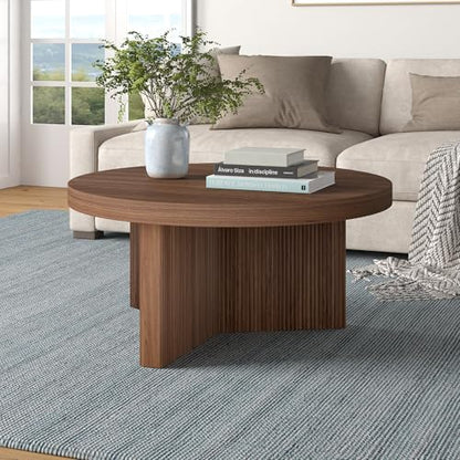 Henn&Hart 32" Scandinavian Fluted Coffee Table, Medium Walnut | Ribbed pedestal base and low profile bring Scandinavian style to small spaces including living rooms or family rooms - color: Medium Walnut, size: 32 inches