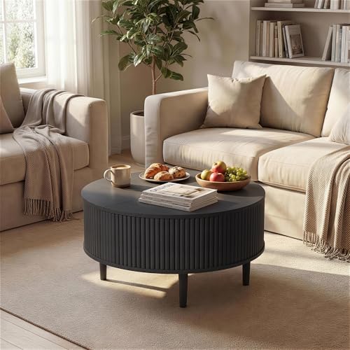 31.5" Round Coffee Table with Lifting Top, Storage for Living Room, Black | Fluted Center Table, Mid Century Modern Design for Home Office and Small Space with 4 Hidden Compartments - color: Black