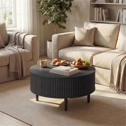 31.5" Round Coffee Table with Lifting Top, Storage for Living Room, Black | Fluted Center Table, Mid Century Modern Design for Home Office and Small Space with 4 Hidden Compartments - color: Black