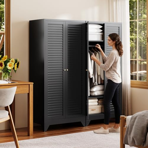 Armoire Wardrobe Closet,20" Deep Metal Wardrobe Cabinet with Doors and Shelves,Hanging Rod Clothing Storage Cabinets for Home RoomBlack - color: Black, size: 20"D x 32"W x 71"H
