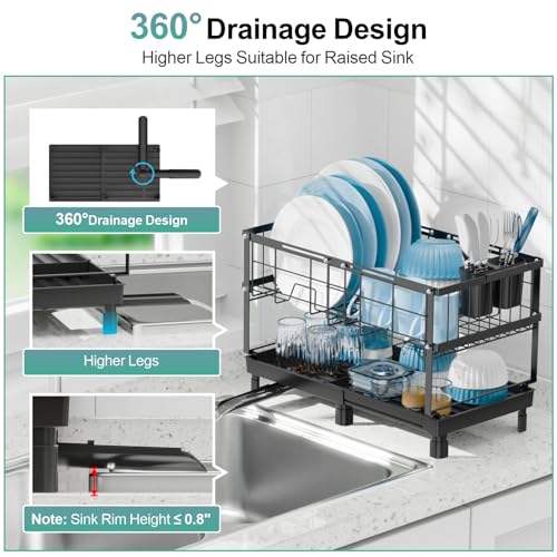 Large 2 Tier Dish Drying Rack - Expandable for Kitchen Counter Black | Spacious Drying Space, 360° Rotating Drain Spout, 12.2 in Deep Design, Removable Utensil Holder, Rust-Resistant, Stable Frame - color: Black, size: Large - 20.7"L x 12.2"D x 13.4"H