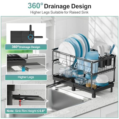 Large 2 Tier Dish Drying Rack - Expandable for Kitchen Counter Black | Spacious Drying Space, 360° Rotating Drain Spout, 12.2 in Deep Design, Removable Utensil Holder, Rust-Resistant, Stable Frame - color: Black, size: Large - 20.7"L x 12.2"D x 13.4"H
