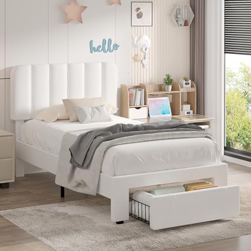 VECELO Twin Size Upholstered Bed Frame with Drawer and Headboard, Velvet Platform Storage Bedframe, Wooden Slats Support, No Box Spring Needed, White - color: White, size: Twin, style: Bed Frame with Drawer