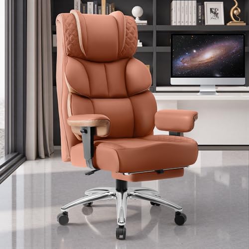 BestGlory Office Desk Chair, Big and Tall Leather Gaming Chair with Footrest, Wide Ergonomic Comfy Executive High-Back Reclining Computer Chairs, Swivel Rolling Wheels and Lumbar Support, Brown - color: Terracotta, style: 3 Position Reclining