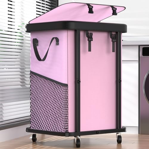 Laundry Basket with Wheels,150L (40 Gal) Rolling Hamper Carts - Pink | Leather Patchwork Laundry Hamper,Sturdy Metal Frame, Removable Washable Bag, Tall Clothes Sorter for Bedroom, Laundry Room - color: Pink, size: 1 Section-150L