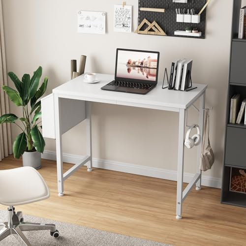 Lufeiya Small White Desk for Small Spaces, 32 Inch Kids Girls Study Writing Desks for Bedroom, Simple Modern Laptop PC Little Side Table with Storage Bag Headphone Hook, White - color: White, size: 31"