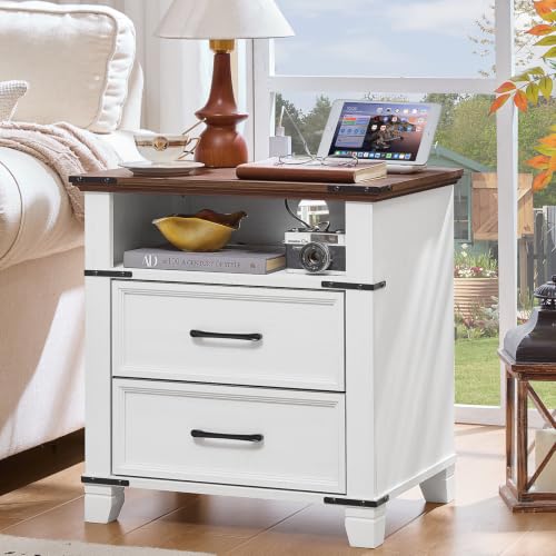 Farmhouse Night Stand with Charging Station, White | 2 Drawers End Tables Bedroom, Nightstand with Metal Handles & Solid Wood Foot & Open Shelf - color: White