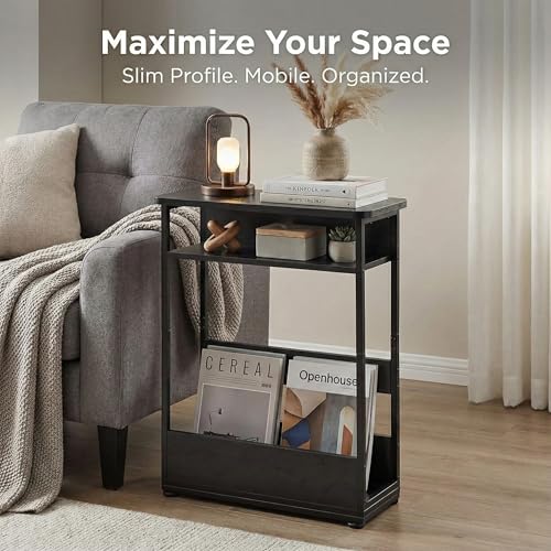 Narrow Side Table,3-Tier Slim End Table with Storage Shelf,Modern Sofa Table Thin Side Table for Narrow and Small Spaces, Skinny Bedside Table Small Nightstand with Magazine Rack Space Saving/Black - color: Black