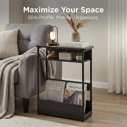 Narrow Side Table,3-Tier Slim End Table with Storage Shelf,Modern Sofa Table Thin Side Table for Narrow and Small Spaces, Skinny Bedside Table Small Nightstand with Magazine Rack Space Saving/Black - color: Black