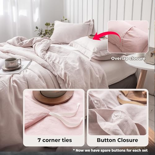 Simple&Opulence 100% Washed Linen Duvet Cover Set with Embroidered,2 Pieces Soft Farmhouse Comforter Set with Button Closure,1 Duvet Cover and 1 Pillowsham(Twin,Dusty Pink) - color: Embroidery Dusty Pink, size: Twin