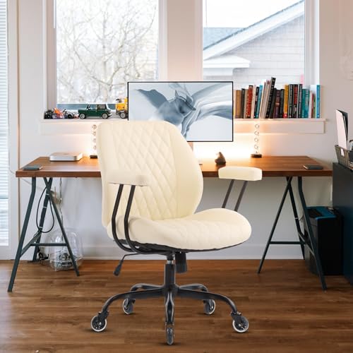 YFO Home Office Desk Chair Office Rubber Casters Ergonomic Computer Chair with Lumbar Support Adjustable Height Rolling Swivel Executive Task Armrests Chair， Cream Leather - color: Cream, size: Mid Back