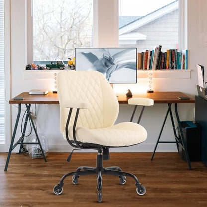 YFO Home Office Desk Chair Office Rubber Casters Ergonomic Computer Chair with Lumbar Support Adjustable Height Rolling Swivel Executive Task Armrests Chair， Cream Leather - color: Cream, size: Mid Back
