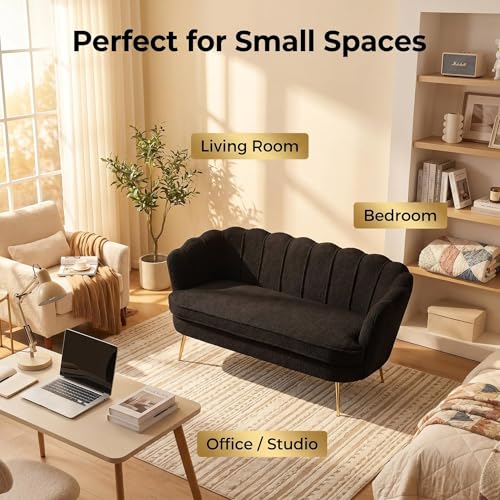 Black Modern Boucle Loveseat Couch with Gold Metal Legs | 2-Seater Upholstered Mini Sofa Couches for Small Space,Living Room Bedroom Office Dorm Studio Apartment Love Seat Couche - color: Black