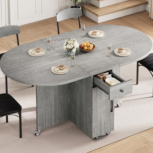 Jocoevol Round Folding Dining Table for 6, Space Saving Drop Leaf Kitchen Table with Storage Drawer, 6 Wheels Oval Gateleg Foldable Dining Table for Small Spaces (Grey, 51" x 31.5" x 30") - color: Grey