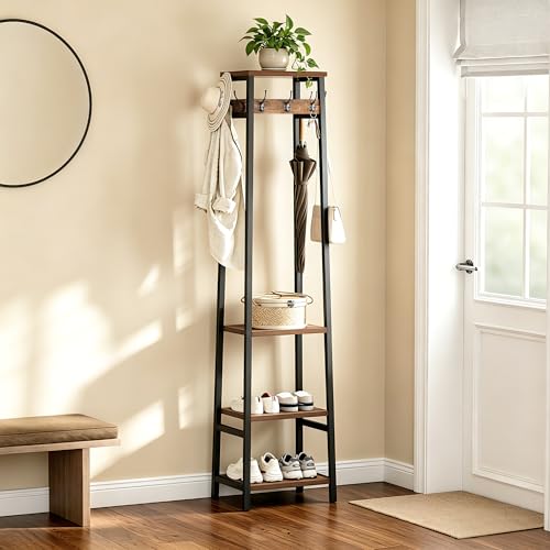 Coat Rack Freestanding with 3 Shelves and 7 Hooks | Coat Stand, Hall Tree Free Standing, Clothes Rack Stand Organizer, Industrial Style, Rustic Brown and Black - color: Rustic Brown and Black, style: 3 Shelves