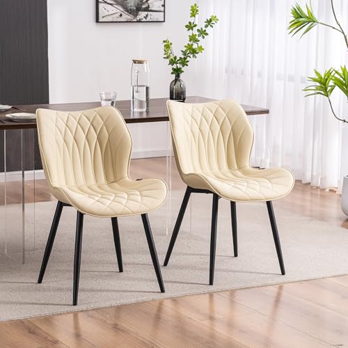 Kidol & Shellder Dining Chairs Set of 2, PU Leather Upholstered Kitchen Chairs with Back Armless, Mid Century Modern Side Chair for Dining Room, Living Room, Lounge, Restaurant, Beige - color: Beige