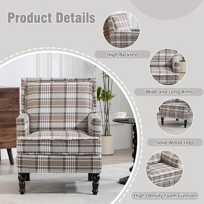 Accent Chair, Plaid Gingham Cozy Comfy Modern Accent Chairs | Mid-Century Upholstered Lounge Arm chair With Solid Wood Frame for Living Room/Bedroom-Brown plaid - color: Brown Plaid-sackcloth-s001