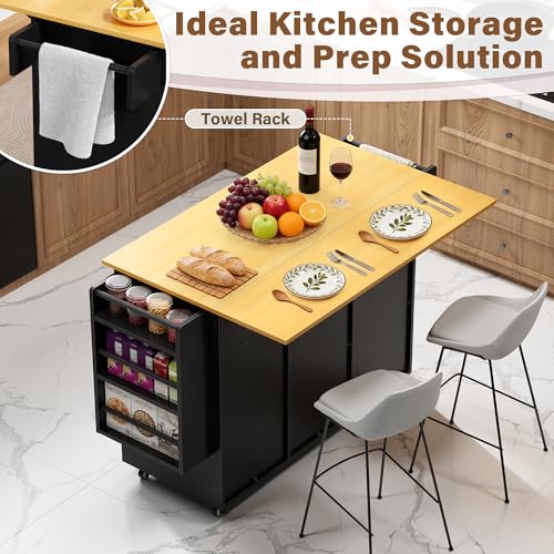 YESHOMY Kitchen Island on Wheels with Trash Cabinet, 56" Mobile Cart with Drop Leaf and Drawers, Rolling Portable Table with Spice Rack & Towel Holder for Dining Room, Black & Oak - color: Black & Oak