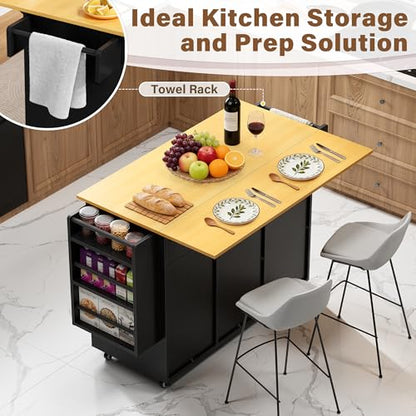 YESHOMY Kitchen Island on Wheels with Trash Cabinet, 56" Mobile Cart with Drop Leaf and Drawers, Rolling Portable Table with Spice Rack & Towel Holder for Dining Room, Black & Oak - color: Black & Oak