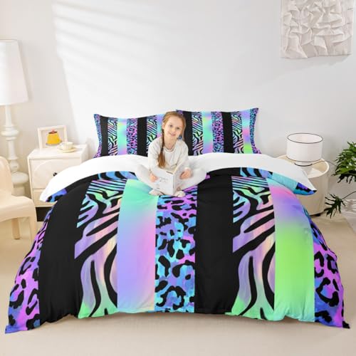 Leopard Kids Duvet Cover Set Twin Size,Abstract Cheetah Zebra Skin Bedding Set,Girls Boys Adults Room Decor,Geometric Stripes Patchwork Comforter Cover,Blue Purple Gradient Quilt Cover,1 Pillowcase - color: A-leopard 03, size: Twin 68"x90"
