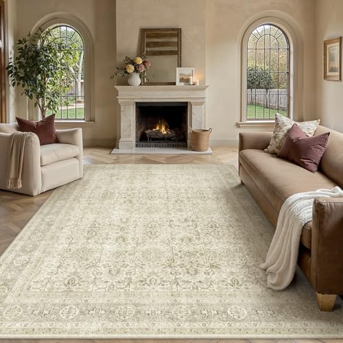 Beige Area Rug 9x12 Vintage Traditional Distressed | Washable, Non Slip, Soft Low Pile, Indoor Carpet for Living Room, Bedroom, Dining Room, Farmhouse Decor - color: Accent Beige, size: 9' x 12' (Rectangular)