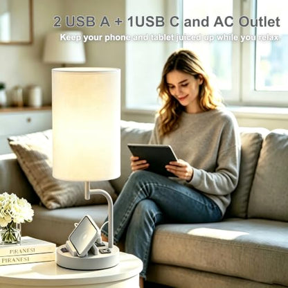 Dreamholder 2 Pack Table Lamp, Bedside Lamp with 3 USB Charging Ports & AC Outlet, USB Desk Lamp with 2 Phone Holders, Linen Fabric Shade Nightstand Lamps for Bedroom Living Room Office, Gray - color: Gray