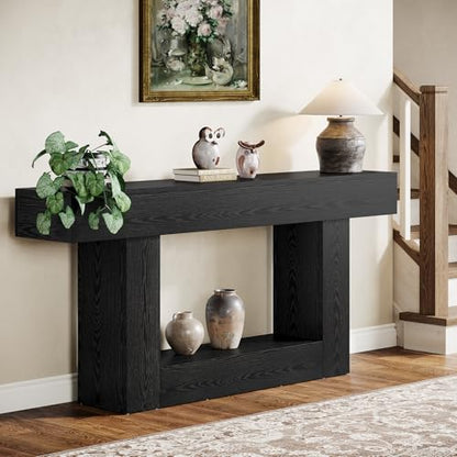 Tribesigns 63" Console Table, Farmhouse 2-Tier Entryway Table with U-Shaped Base, Narrow Long Wood Sofa Table Behind Couch Table for Living Room, Hallway, Foyer, Black - color: Black