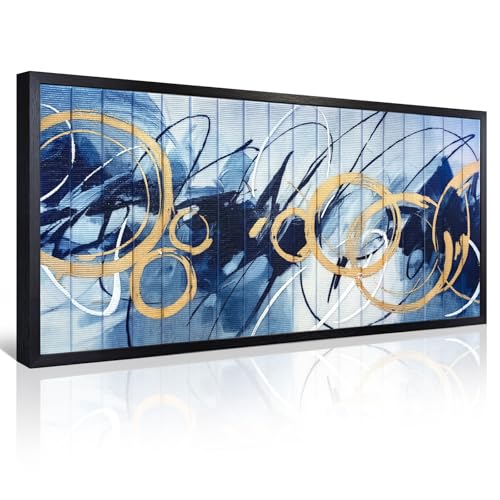 llribbons Framed Abstract Wall Art Minimalist Gold Circle Blue Indigo Fluid Lines Painting Modern Hand Painted 3D Woven Textured Artwork for Living Room Bedroom Bathroom Office Home Decor 20" x 40" - color: Black-Gold, size: 40"L x 20"W