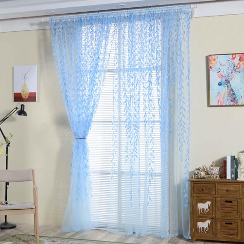 Ufurty 2pcs Willow Leaf Window Curtain Voile Tulle Vine Sheer Curtains | Room Salix Leaf Sheer Gauze Panel Drapes Green Color for Living Room, Bedroom, Balcony - color: Blue Leaf, size: 39.4"W x 78.7"L (Pack of 2)