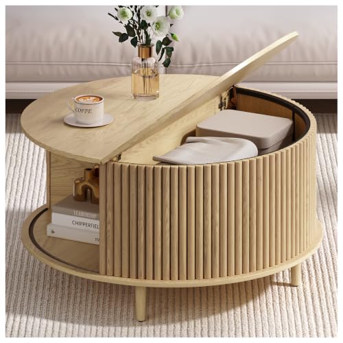 JOINICE Oak Round Coffee Table with Storage for Living Room, 31.5" | Fluted Sliding Door,Hidden Storage,Boho Center Table for Small Apartments,Solid Wood Legs,Easy Assembly,Up to 110 lbs - color: Oak_round