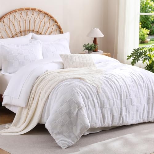 MR&HM 7 Pieces Comforter Set Full, Checkered Boho Tufted Bed Set White | Farmhouse Vintage Bed with Plaid Geometric Design, All-Season Bed in A Bag Comforter with Sheets, Pillow Shams & Pillowcases - color: 3- White-checkered, size: Full
