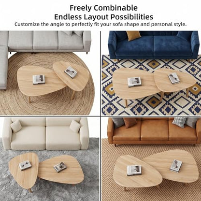 Nesting Coffee Table Set of 2-Mid Century Modern Coffee Table | Guitar Pick Stacking Tables with Solid Wood Legs,Small Coffee Tables for Small spaces,Living Room,Balcony - color: Natural