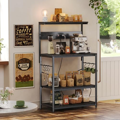 SUPERJARE Bakers Rack with Power Outlets, Microwave Stand, 31.5 X 16.5 Inch Larger Desktop, Kitchen Storage Rack with Adjustable Middle Shelf, 6 S-Shaped Hooks, Coffee Bar Stand, Black - color: Black, size: 31.5 inch