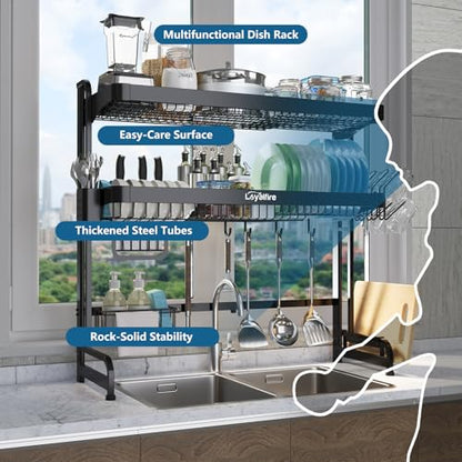 Loyalfire Over Sink Dish Drying Rack, 3 Tier Adjustable Length (20.87'' to 37.6'') Full Stainless Steel Large Storage Kitchen Dish Rack, Expandable Drainer Shelf Rack with Multifunctional Organizers - color: Black