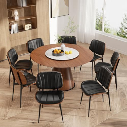 Dining Chairs Set of 6, Mid Century Modern Dining Room Chairs, Upholstered Faux Leather Kitchen Chair with Walnut Bentwood Back and Metal Legs for Kitchen Living Room, Black - color: Black, size: Set of 6