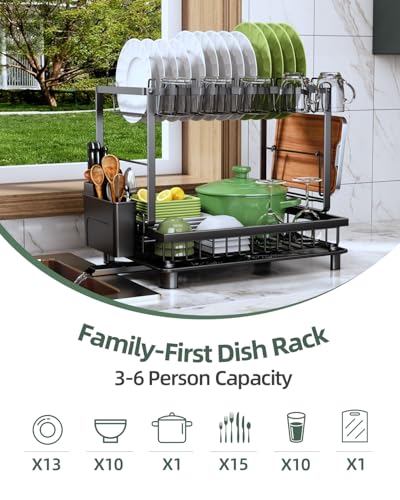 Dish Drying Rack, 2 Tier Space-Saving Dish Rack, Multifunctional Dish Drainer for Kitchen Counter with Drainboard/Utensil/Cup Holder Rustproof Carbon Steel, Black - color: Black