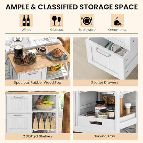 COSTWAY Kitchen Storage Island Cart on Wheels, Kitchen Rolling Trolley Cart | with 3 Drawers and Shelves, 360° Wheels & Detachable Tray, Kitchen Island for Dining Room, Living Room & Bedroom - color: White