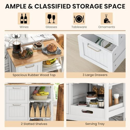COSTWAY Kitchen Storage Island Cart on Wheels, Kitchen Rolling Trolley Cart | with 3 Drawers and Shelves, 360° Wheels & Detachable Tray, Kitchen Island for Dining Room, Living Room & Bedroom - color: White